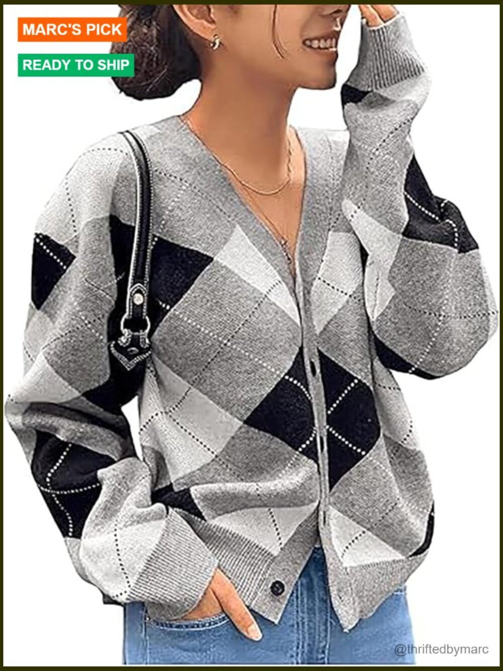 Argyle V-Neck Button Down Cardigan Lightweight Long Sleeve Knit Sweater